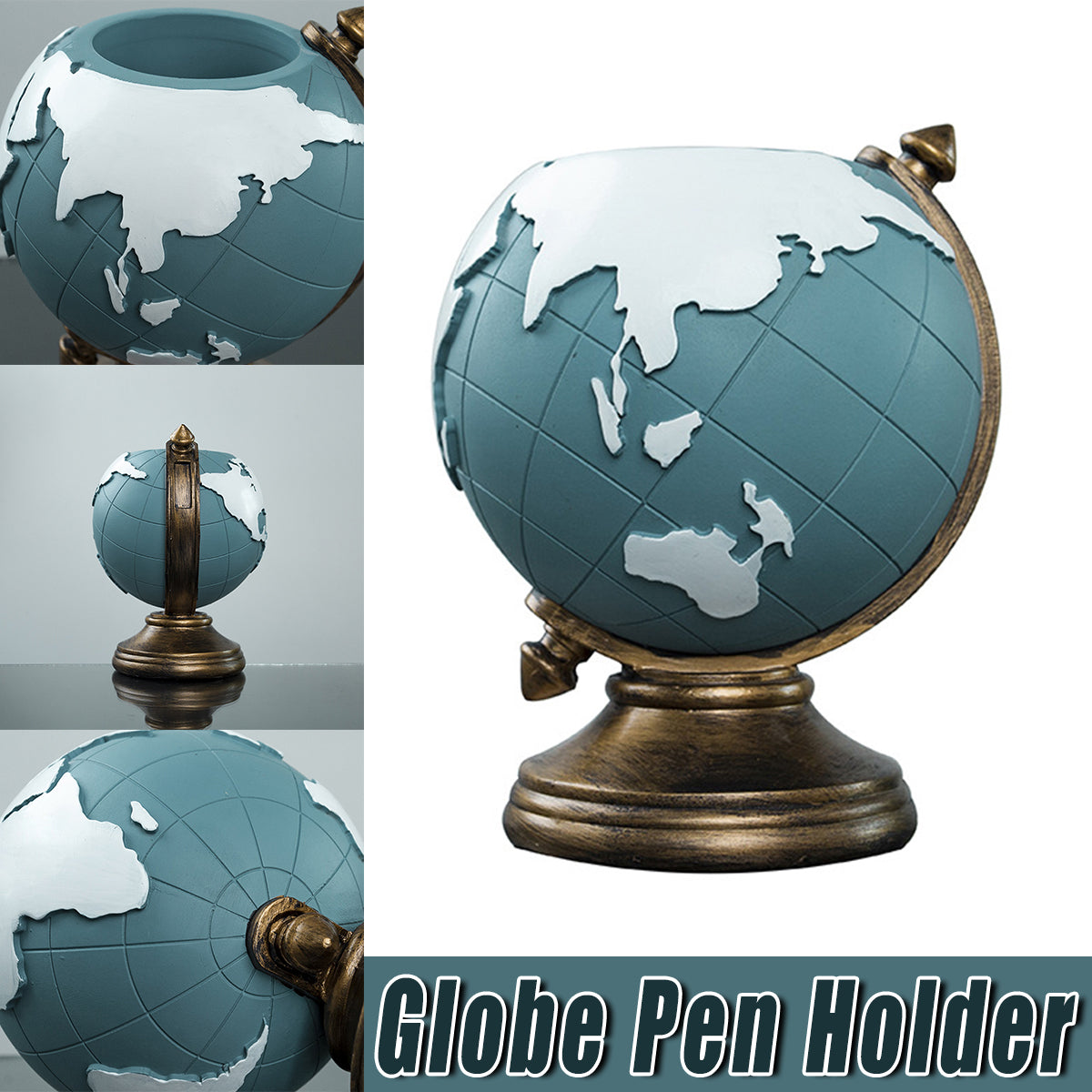 Resin Globe Pen Holder European Style Blue with Bronze Accents