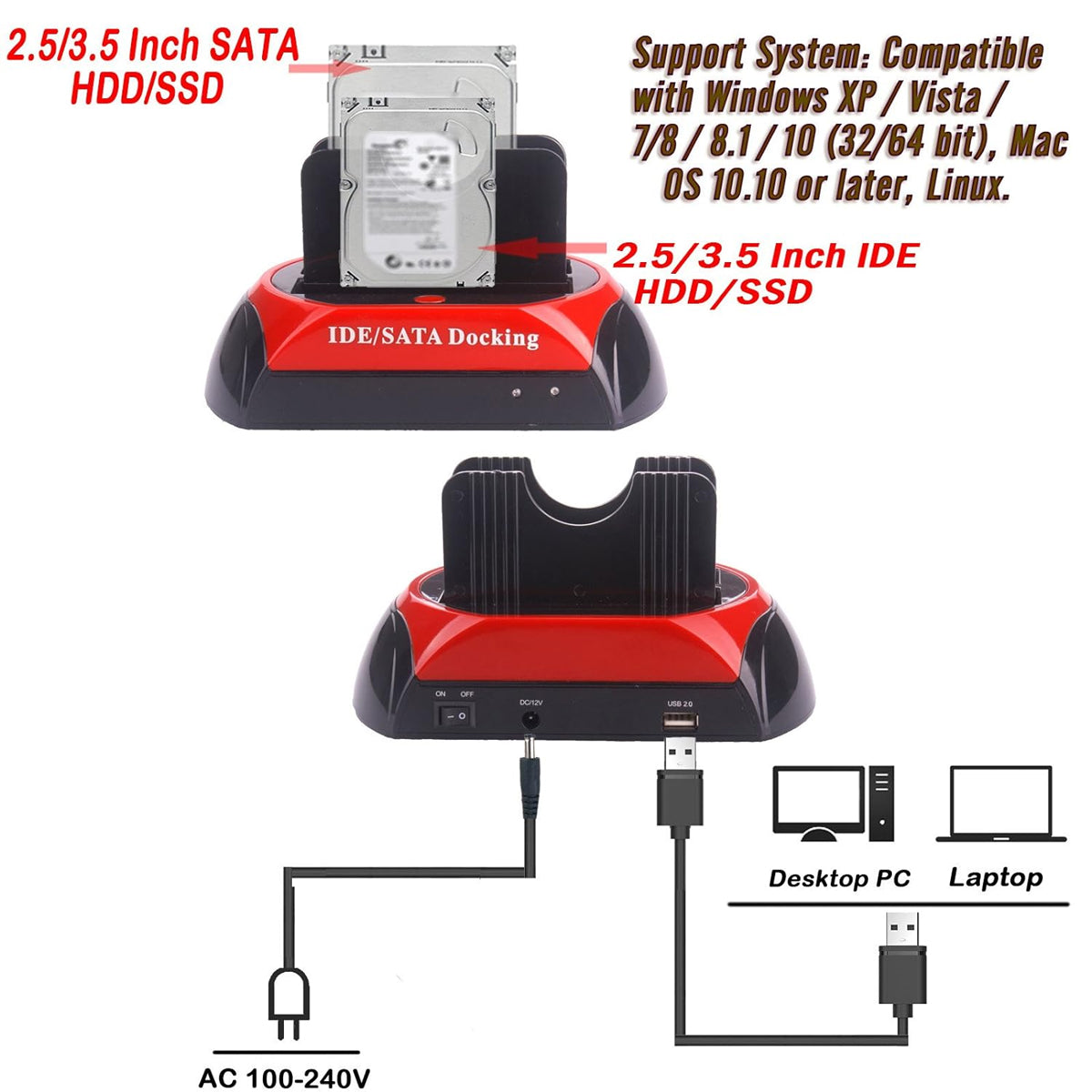 Dual SATA IDE HDD Docking Station 2.5 3.5 Inch