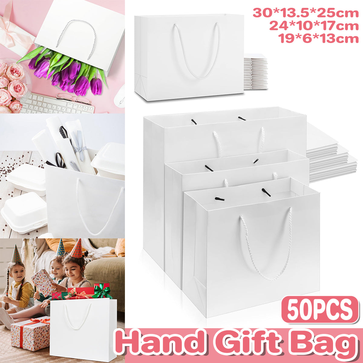 50 Pcs Kraft Paper Gift Bags Blank Shopping Handbags
