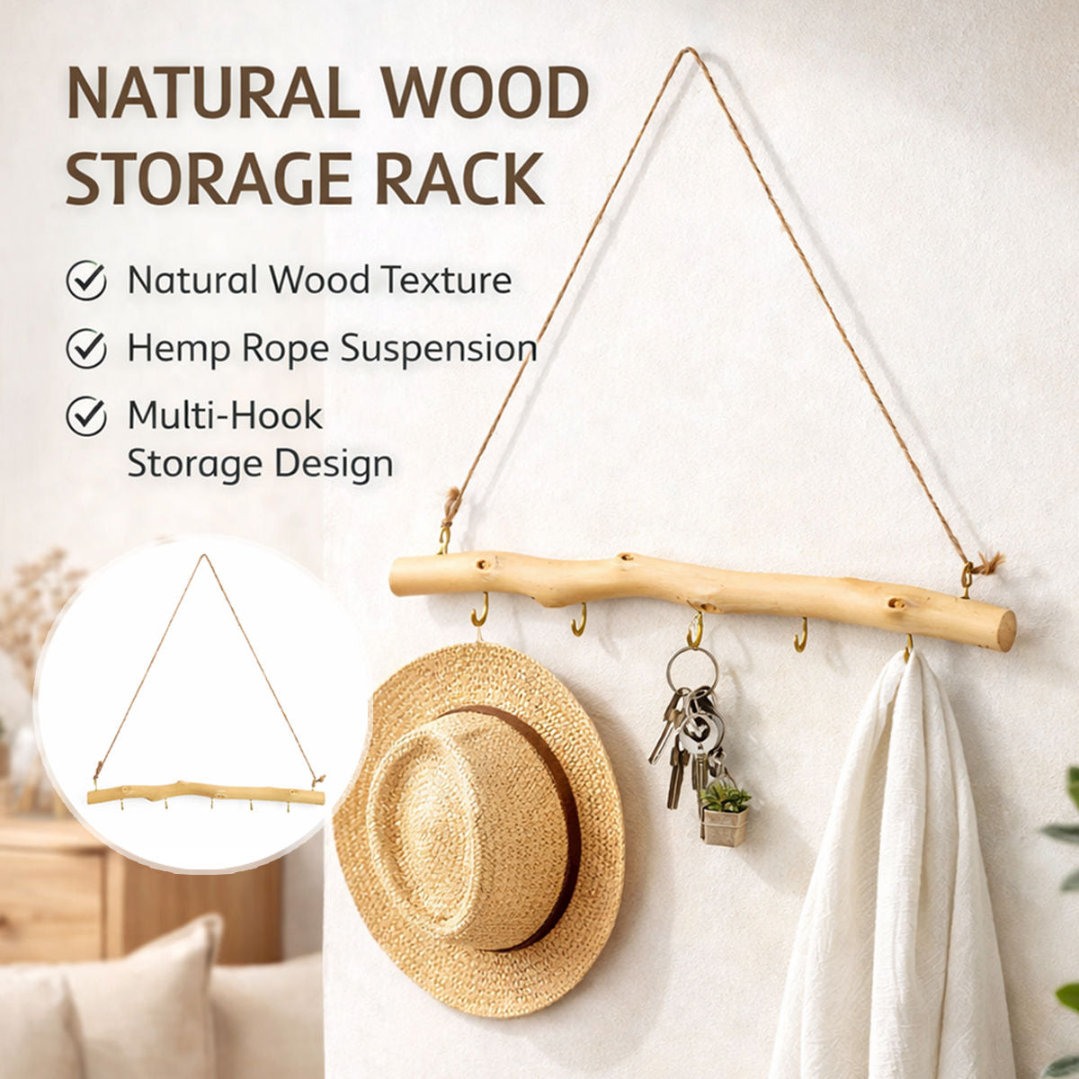 Driftwood Wall Hook Rack with 5 Hooks