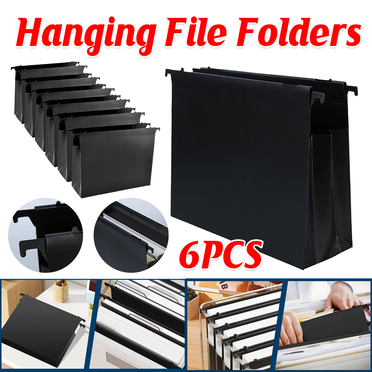 6 Pcs Waterproof Hanging File Folders Expandable Gusset Black