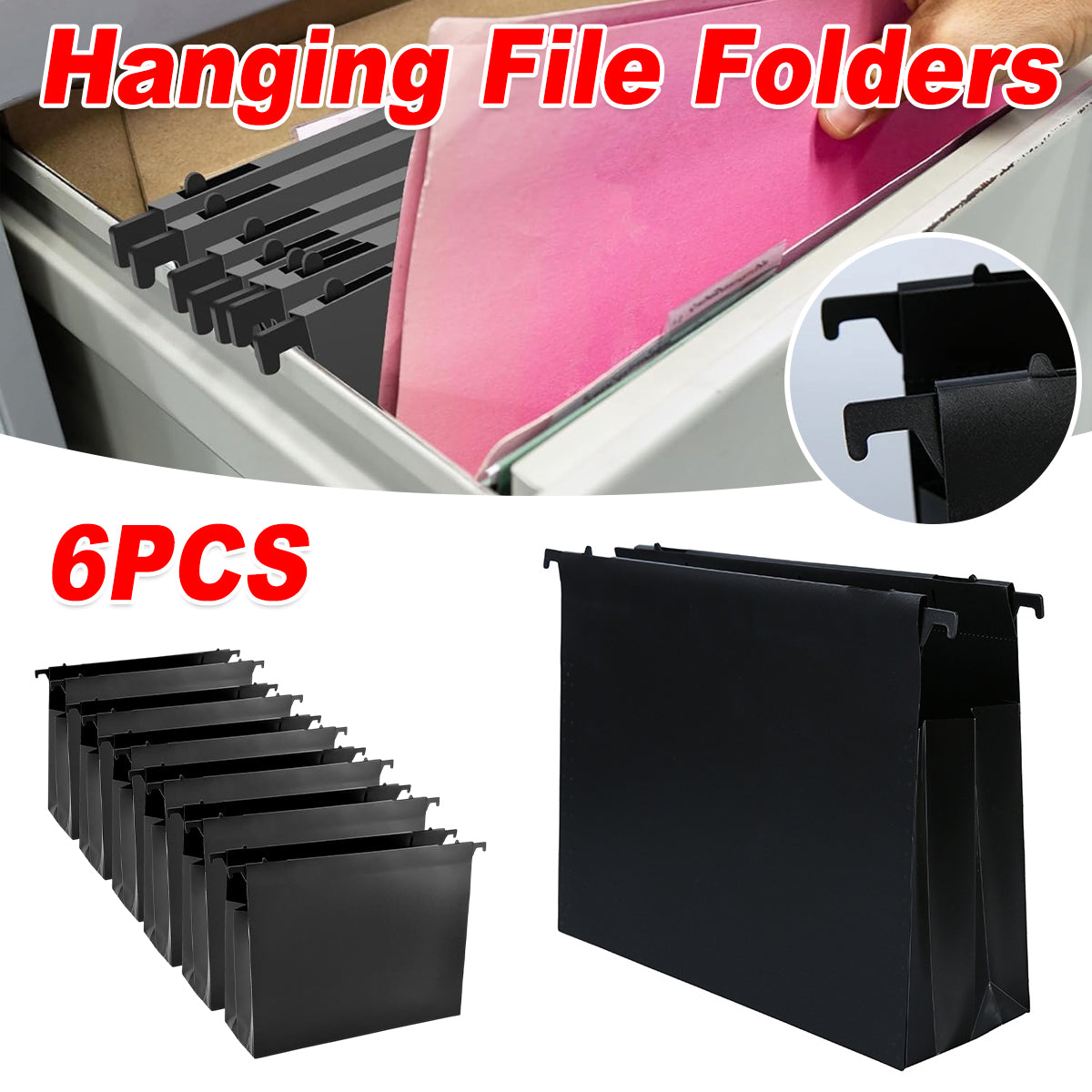 6 Pcs Waterproof Hanging File Folders Expandable Gusset Black