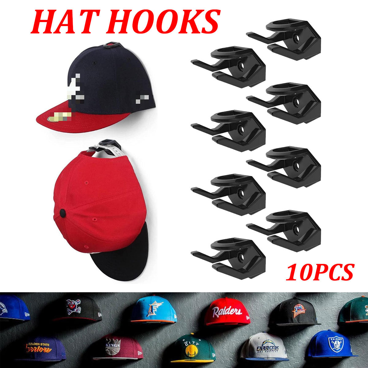 10 Pcs Self-Adhesive Hat Hooks for Wall and Door