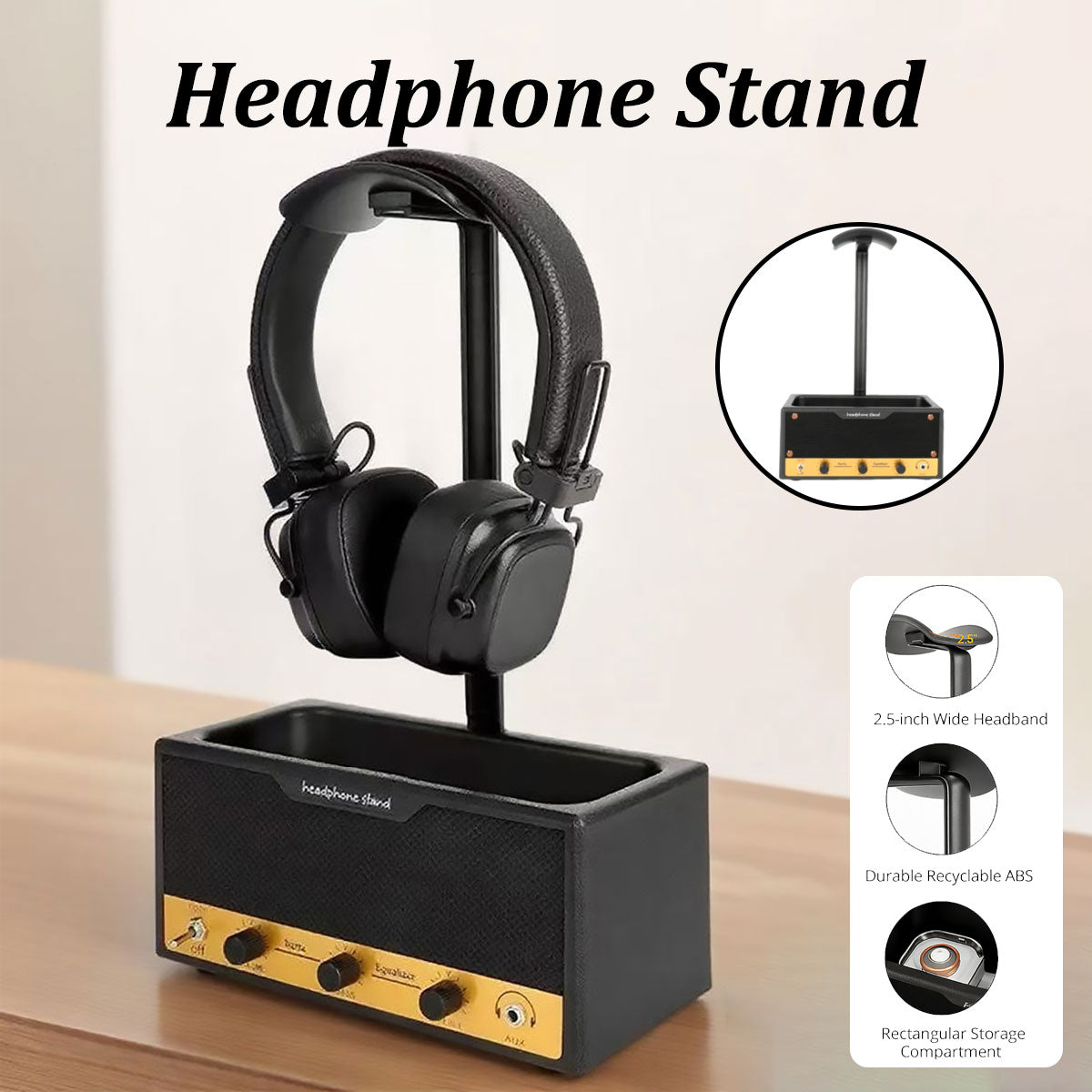 Vintage Headphone Stand with Storage Box Desk Setup