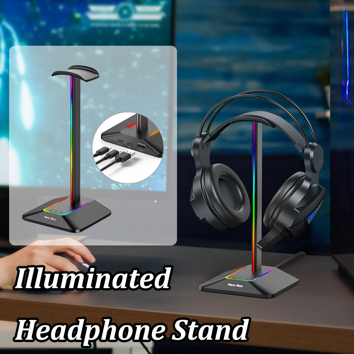 RGB Headphone Stand with USB 3.0 Hub and Type-C Ports