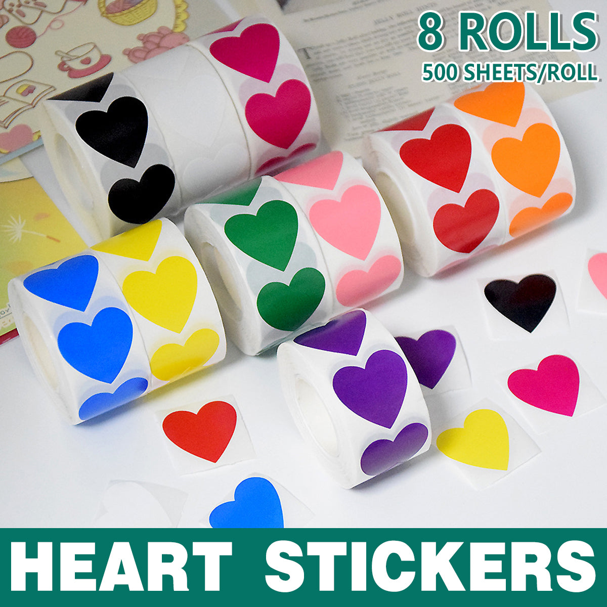 8 Rolls Heart Stickers 500 Pcs Self-Adhesive Labels