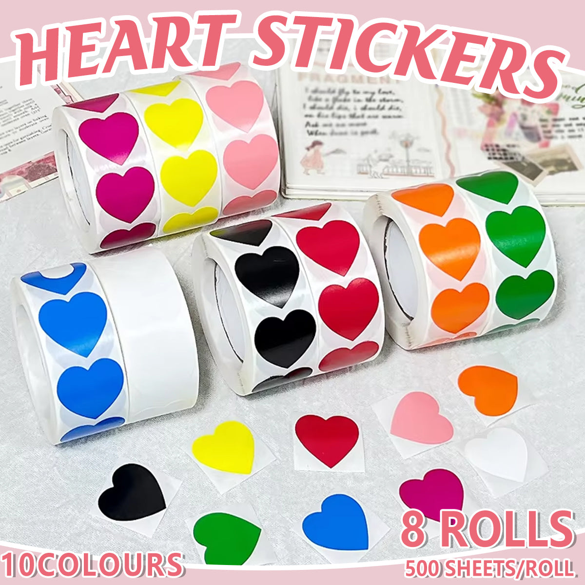 8 Rolls Heart Stickers 500 Pcs Self-Adhesive Labels