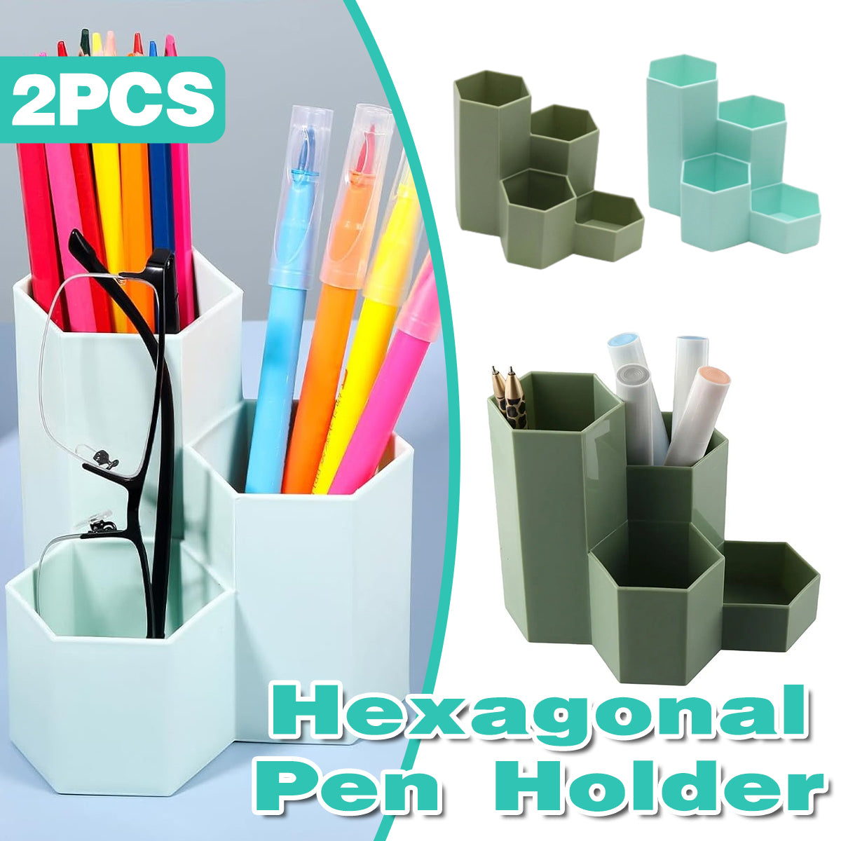 2 Pcs Hexagonal Pen Holder Macaron Colour PP Desk Organiser