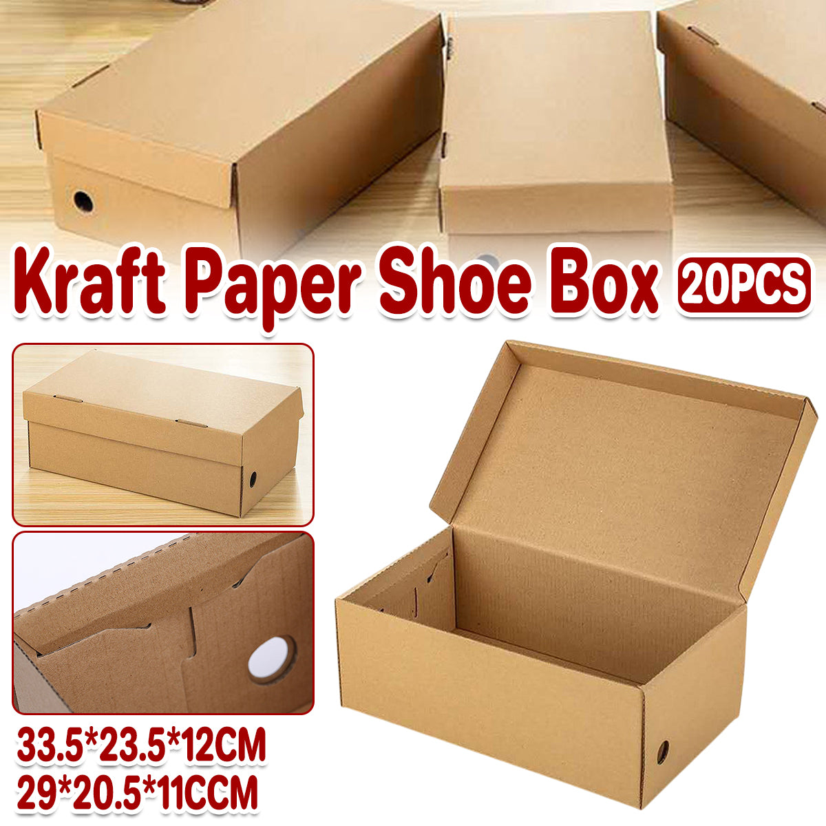 20pcs Kraft Paper Shoe Boxes Clamshell Organizer