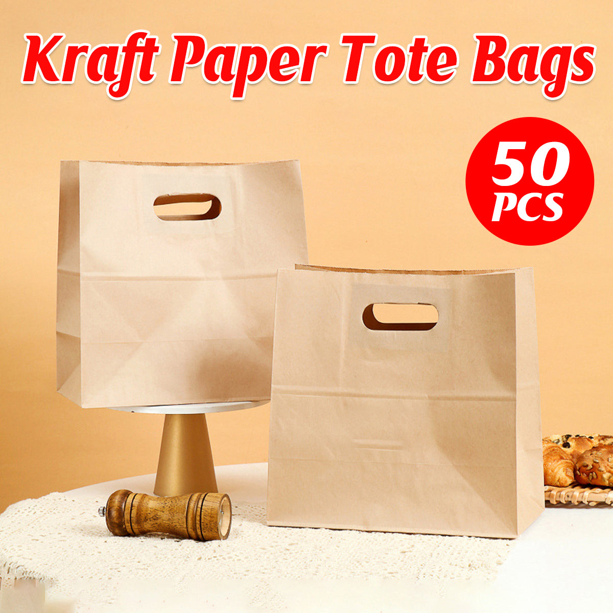 50pcs Kraft Paper Tote Bags with Die-Cut Handles