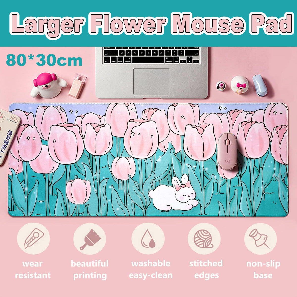 Flower Mouse Pad Oversized Non-Slip Rubber Base Waterproof