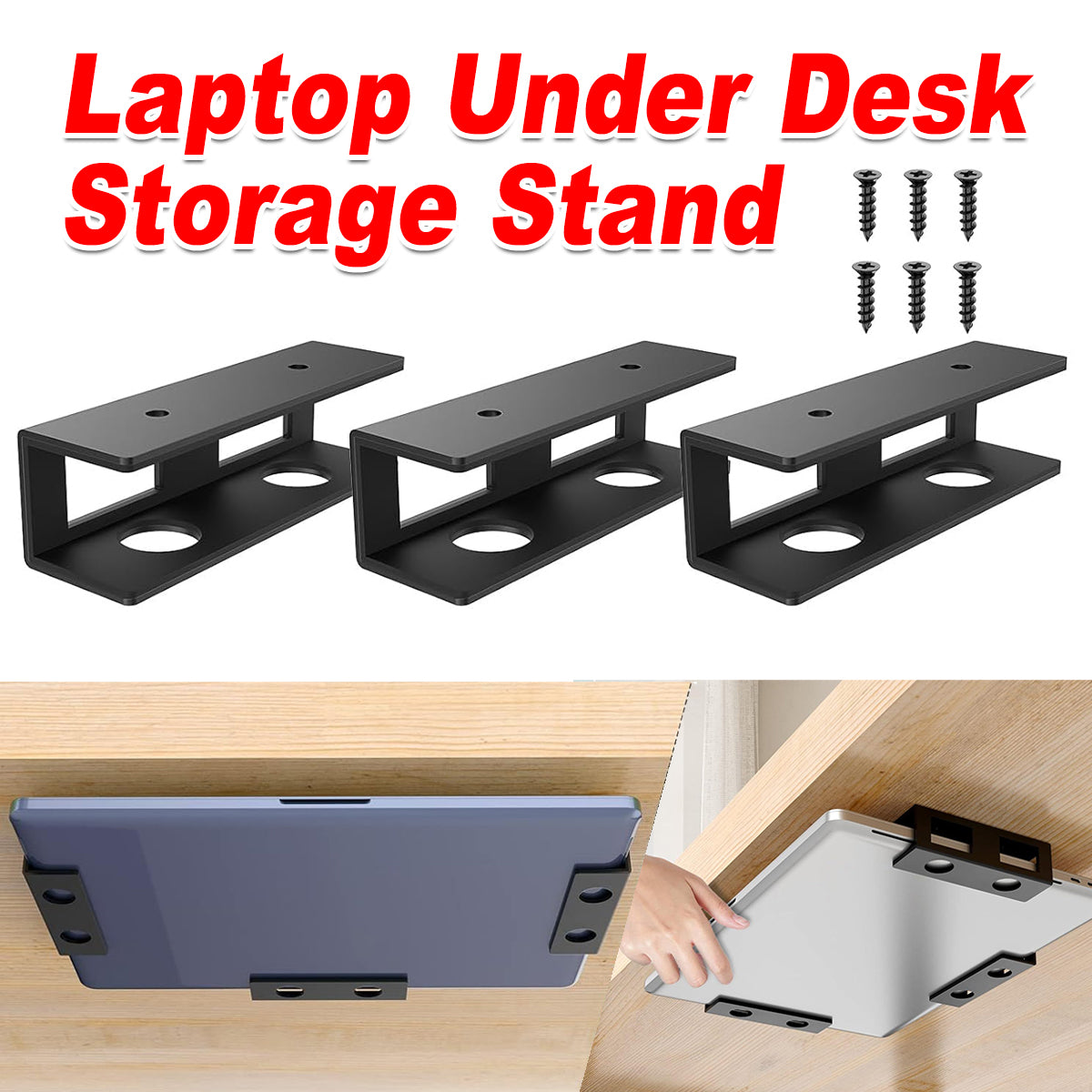 Under-Desk Laptop Storage Stand Adjustable Carbon Steel Black