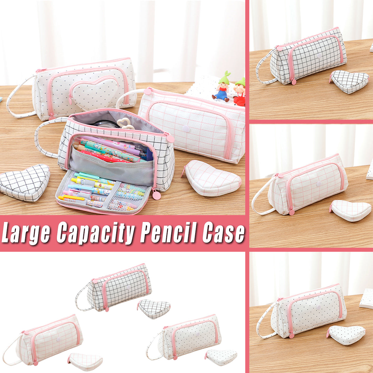 Canvas Pencil Case Large Capacity Plaid Multi-Compartment Handle