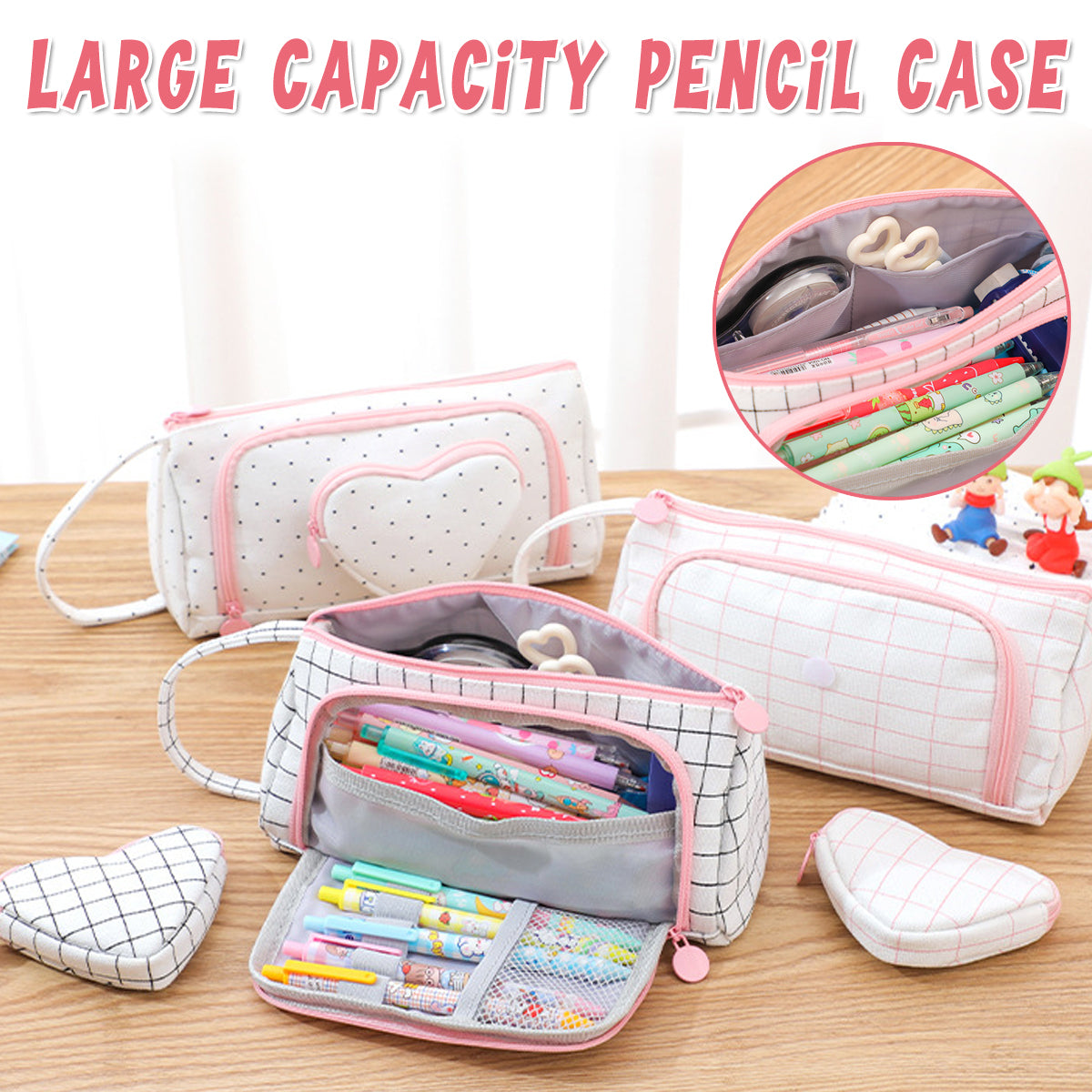 Canvas Pencil Case Large Capacity Plaid Multi-Compartment Handle