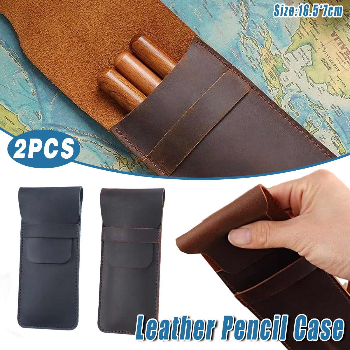2 Pcs Leather Pencil Case Set, Genuine Cowhide, Coffee and Black
