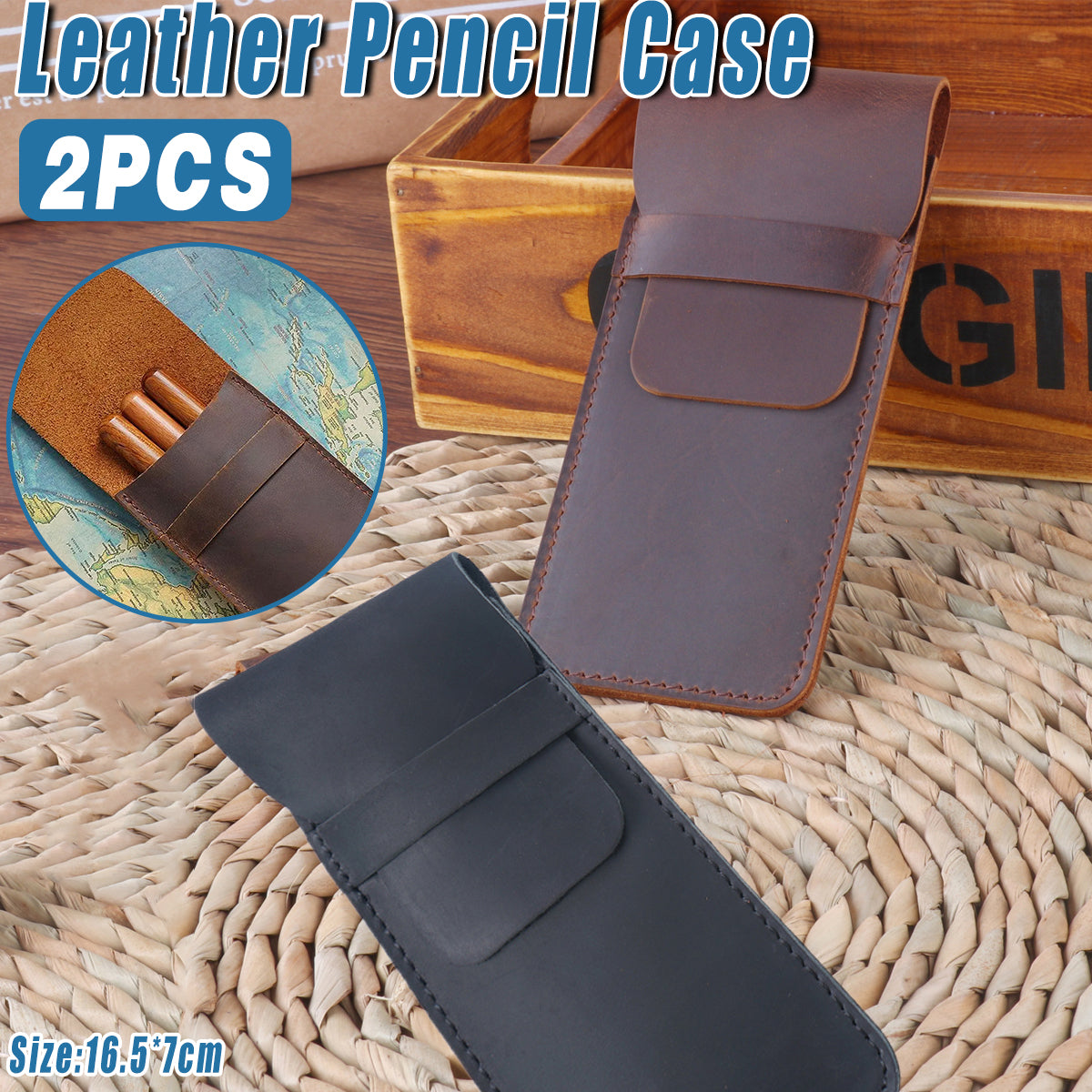 2 Pcs Leather Pencil Case Set, Genuine Cowhide, Coffee and Black