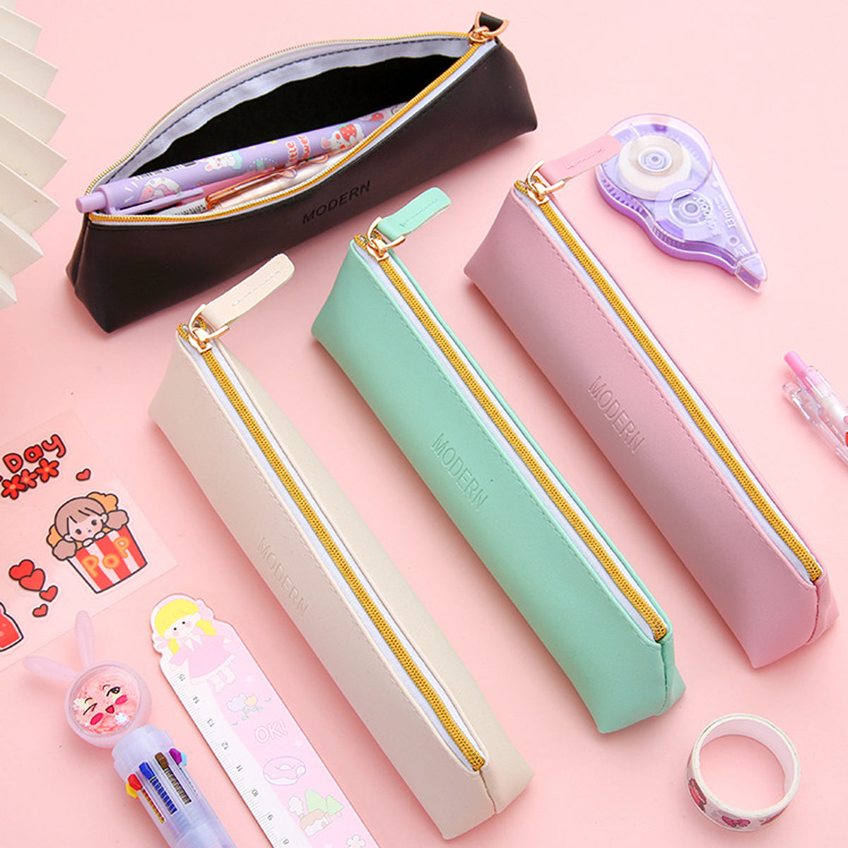 4 Pcs PU Leather Pencil Case Makeup Cosmetic Pouch Set