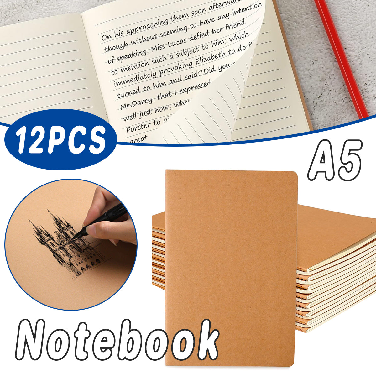 12 Pcs Kraft Paper Notebooks Blank Grid and Lined Brown Covers