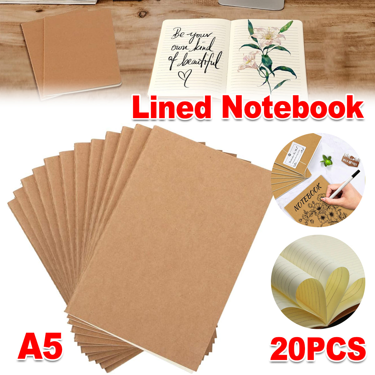 20 Pcs Kraft Paper Notebooks Lined Pages Stitched Binding