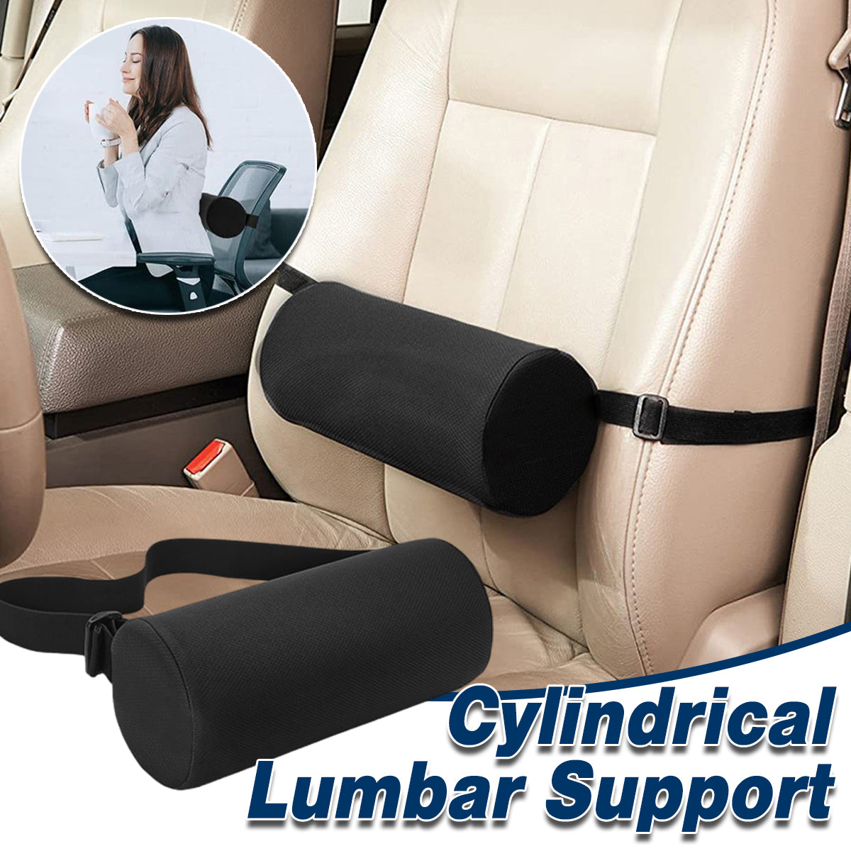 Cylindrical Lumbar Support Pillow with Strap