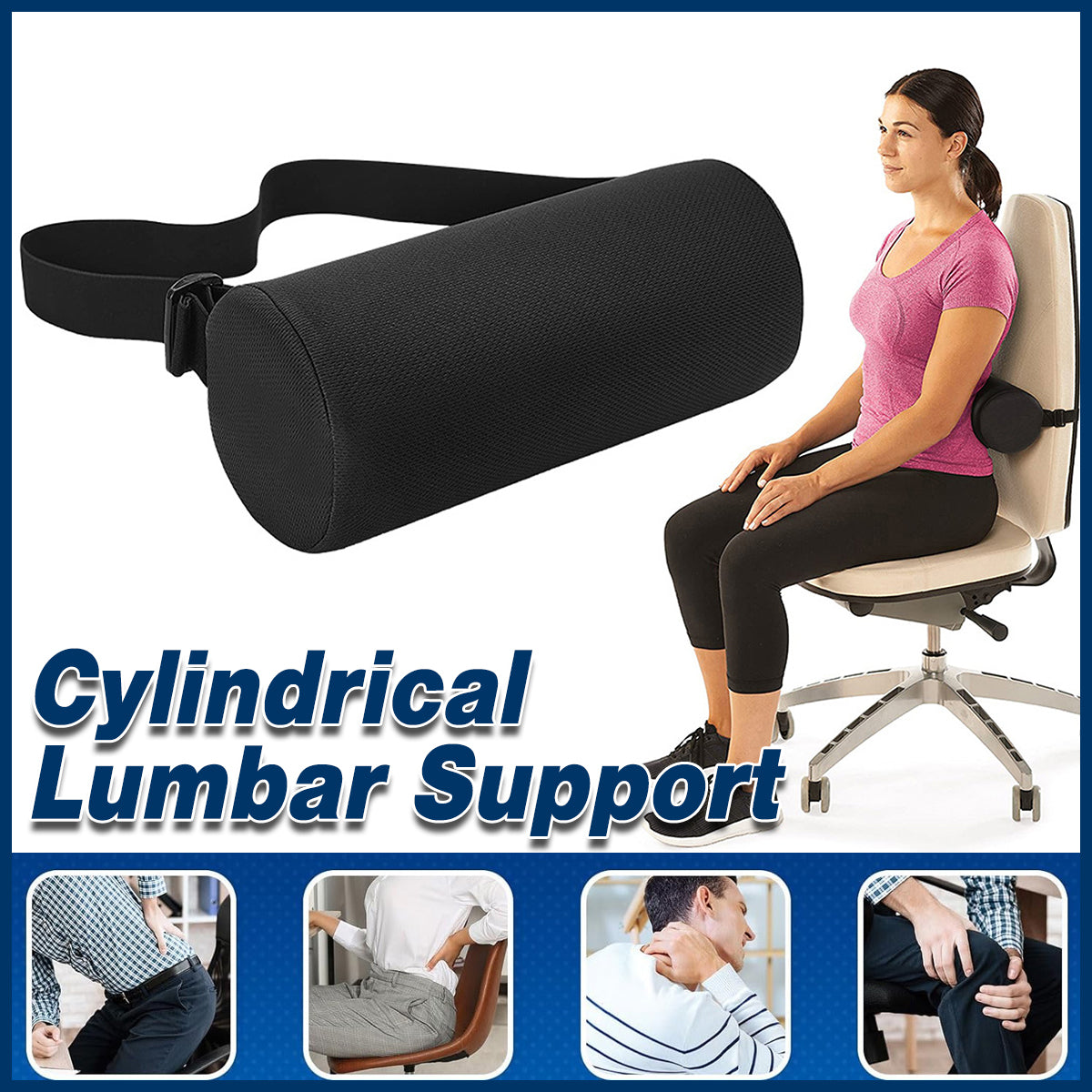 Cylindrical Lumbar Support Pillow with Strap