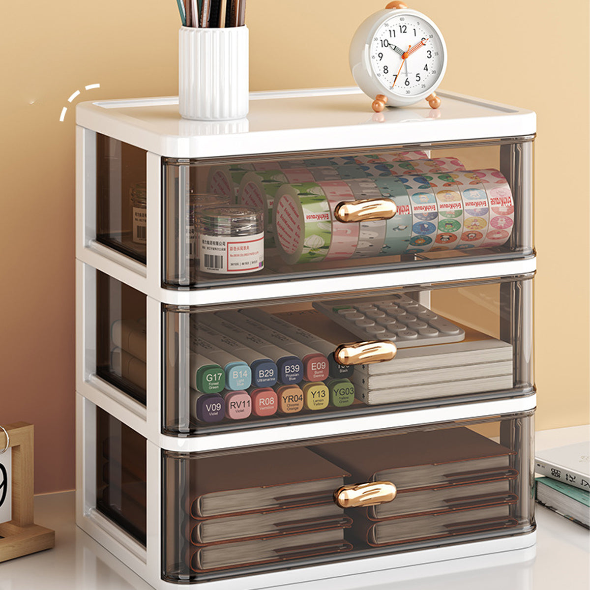 Multi Tier Desktop Organizer Transparent ABS with Gold Handles