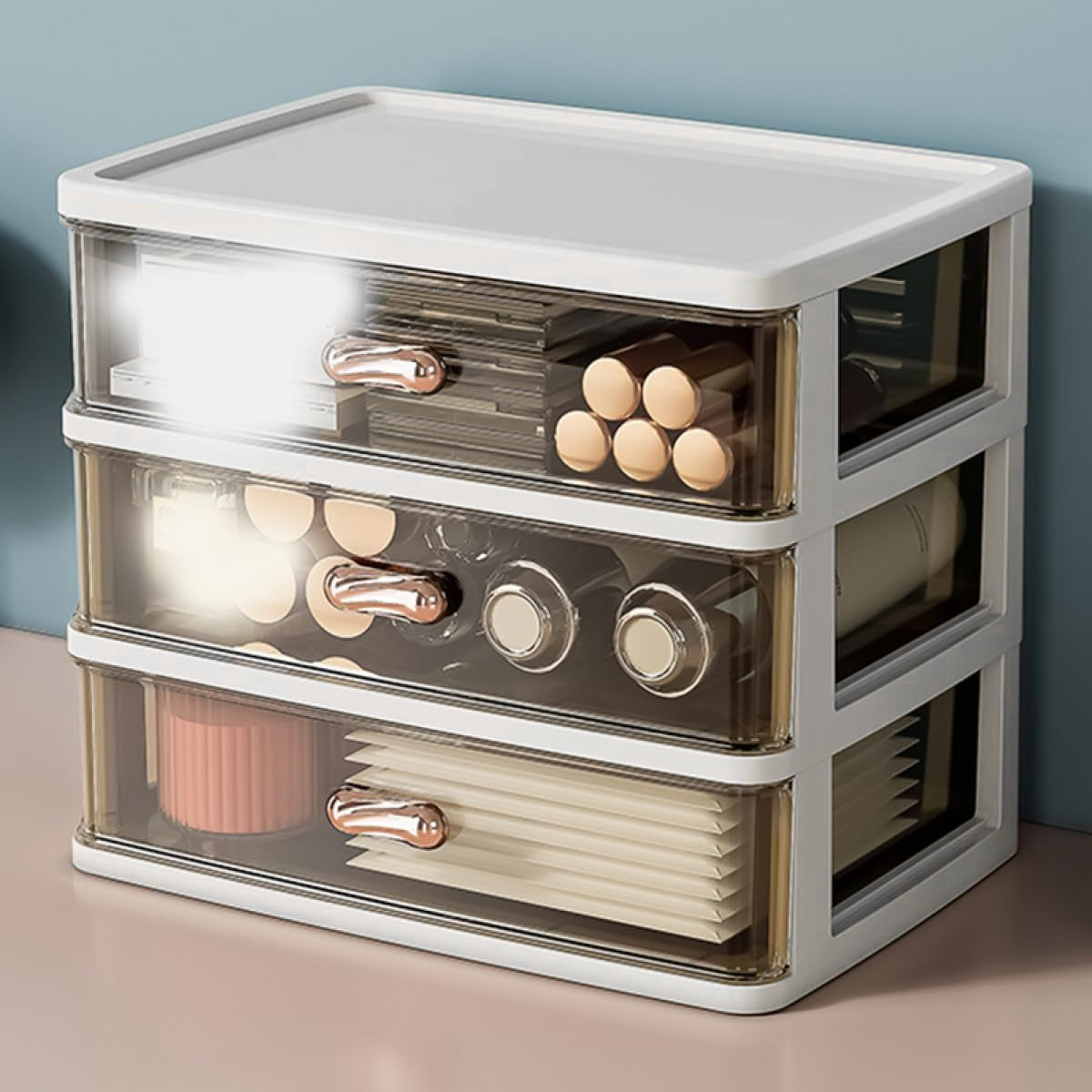 Multi Tier Desktop Organizer Transparent ABS with Gold Handles