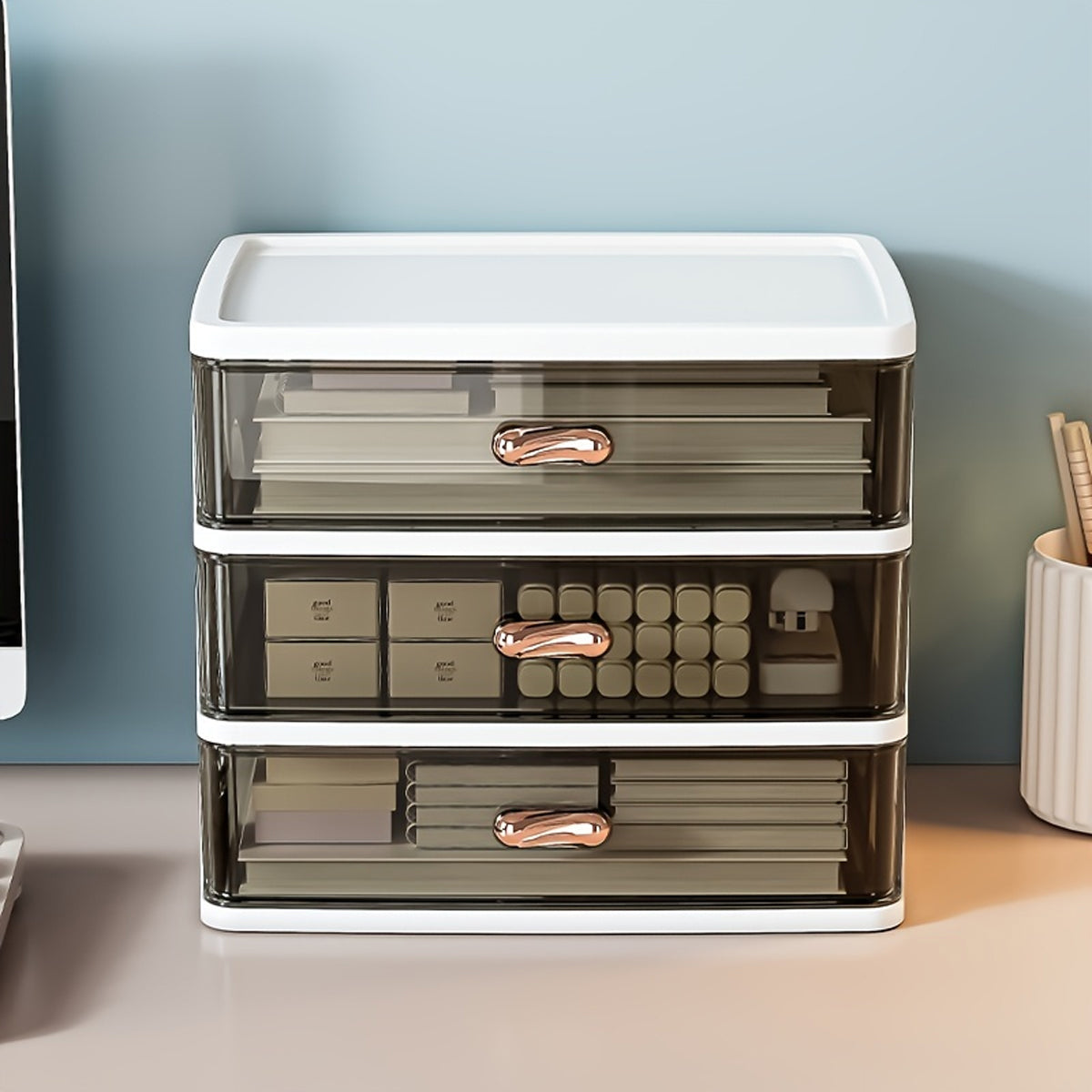 Multi Tier Desktop Organizer Transparent ABS with Gold Handles