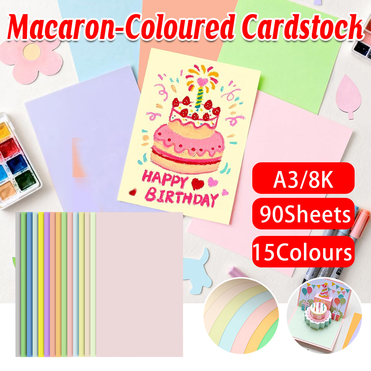 90 Sheets A3 Macaron Cardstock 230gsm for Crafts