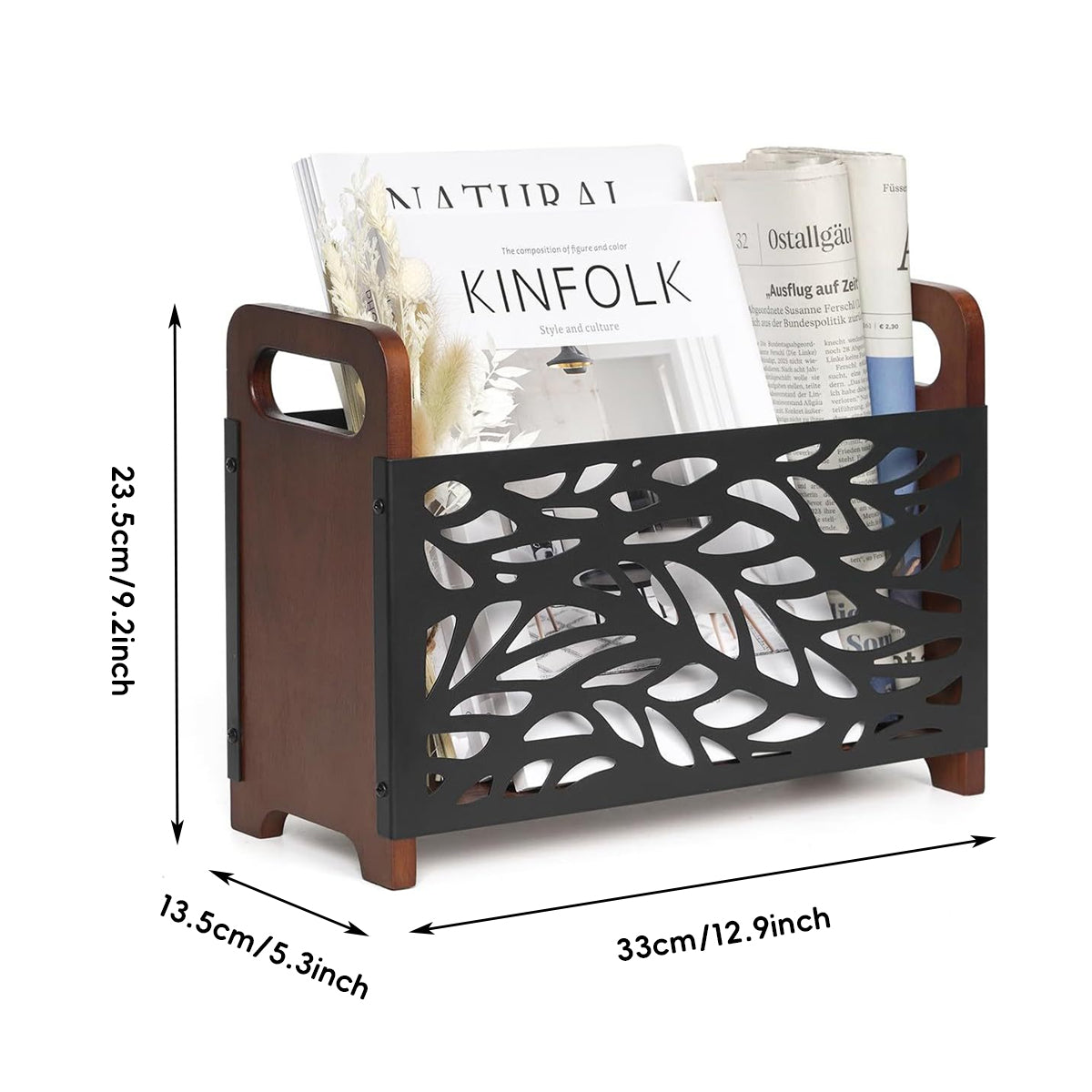 Wooden Magazine Rack with Metal Pattern Panel