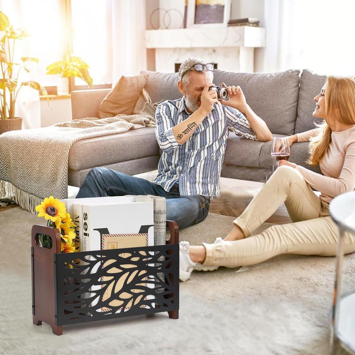 Wooden Magazine Rack with Metal Pattern Panel