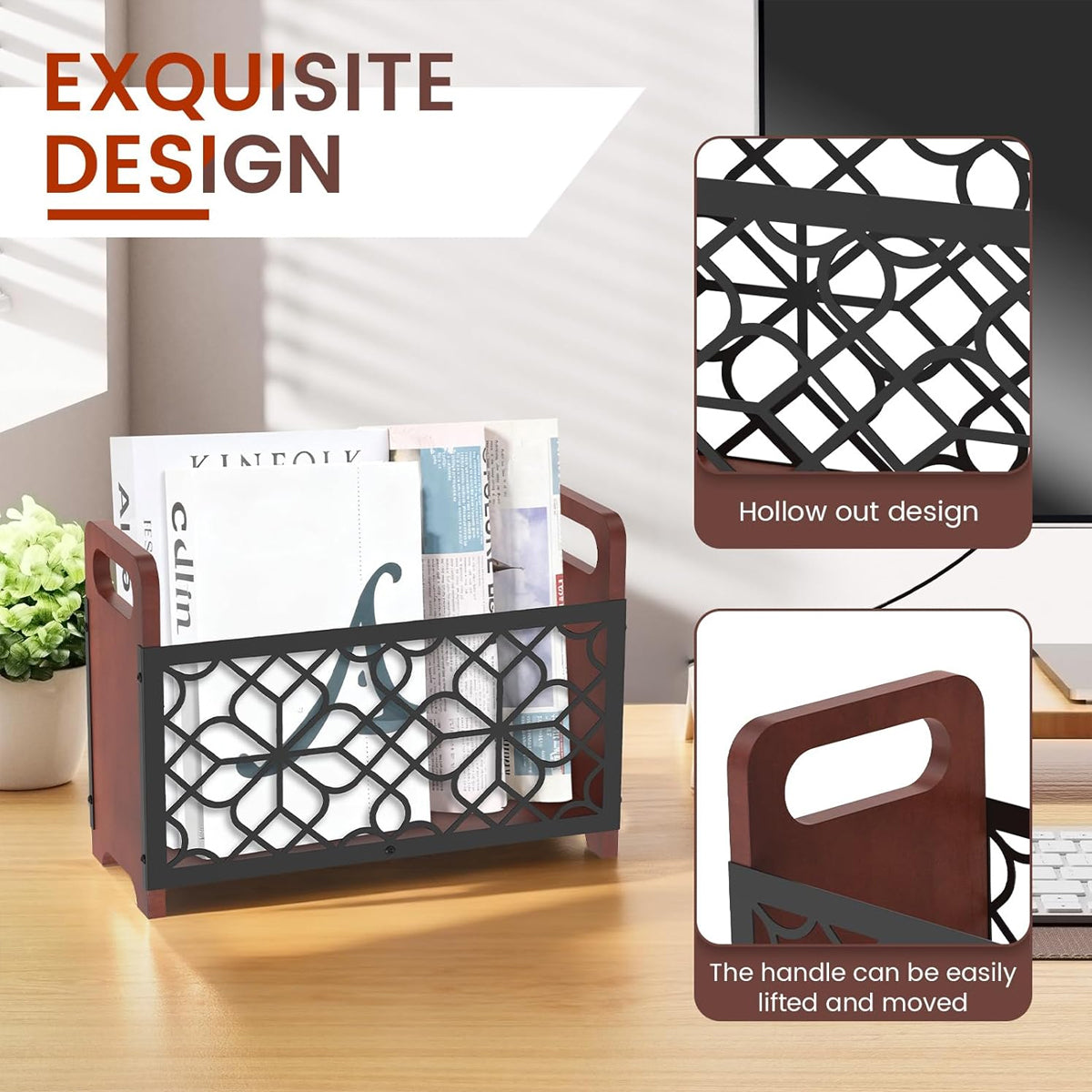 Wooden Magazine Rack with Metal Pattern Panel