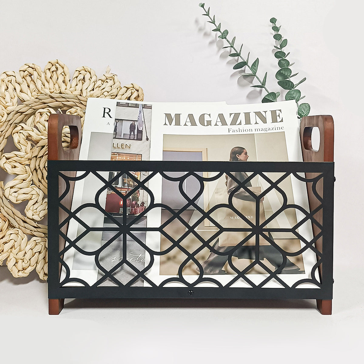 Wooden Magazine Rack with Metal Pattern Panel