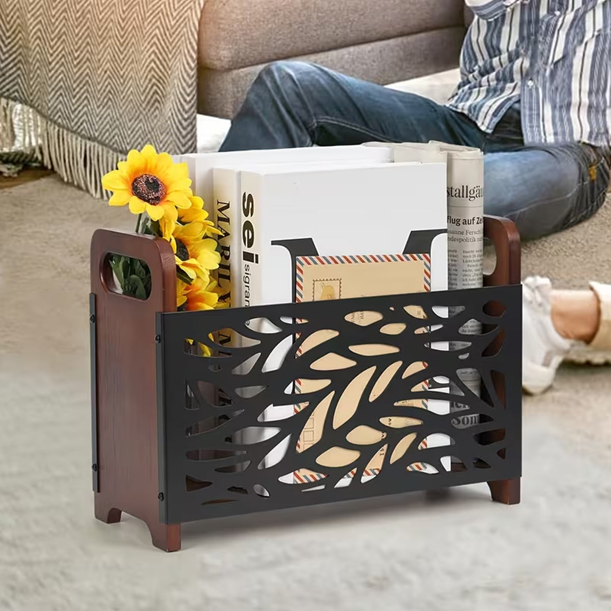 Wooden Magazine Rack with Metal Pattern Panel