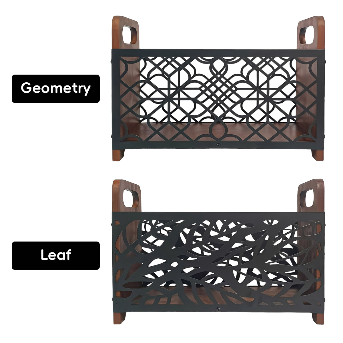 Wooden Magazine Rack with Metal Pattern Panel
