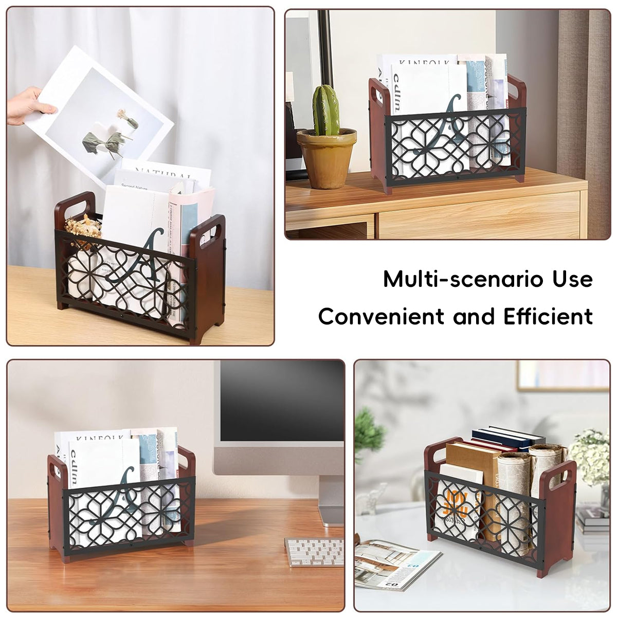 Wooden Magazine Rack with Metal Pattern Panel