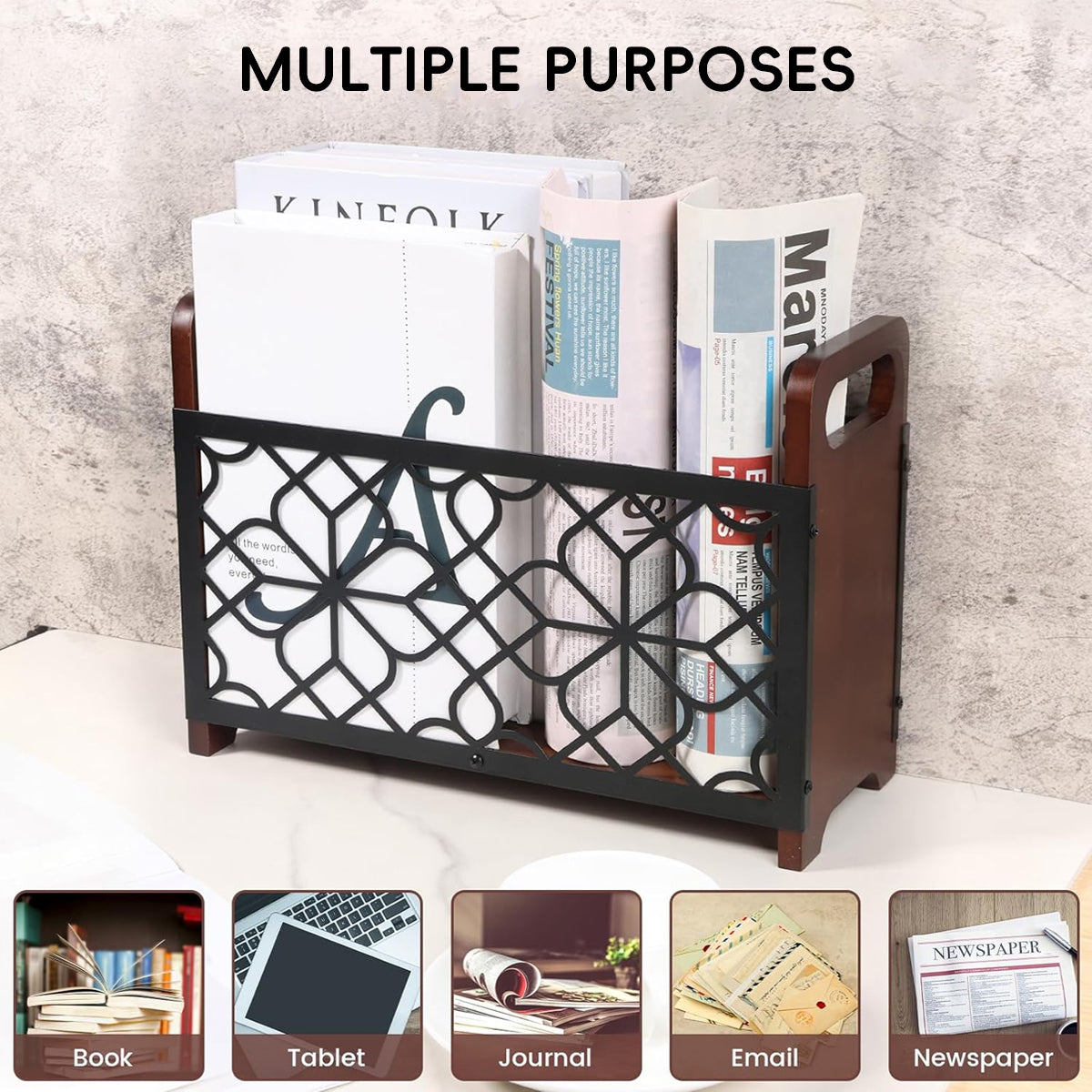 Wooden Magazine Rack with Metal Pattern Panel