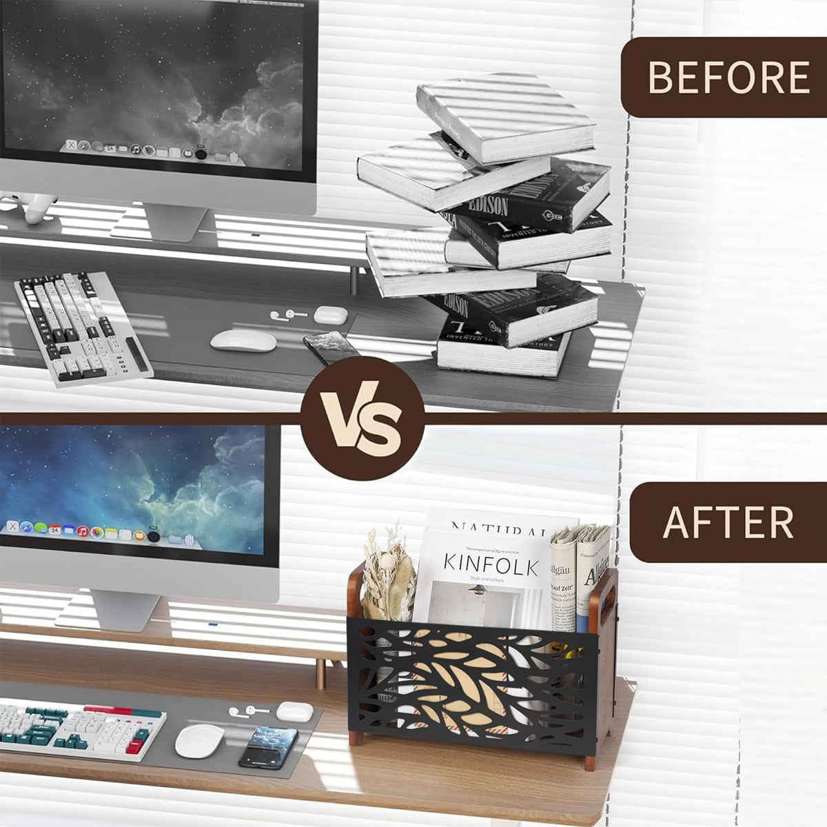 Wooden Magazine Rack with Metal Pattern Panel
