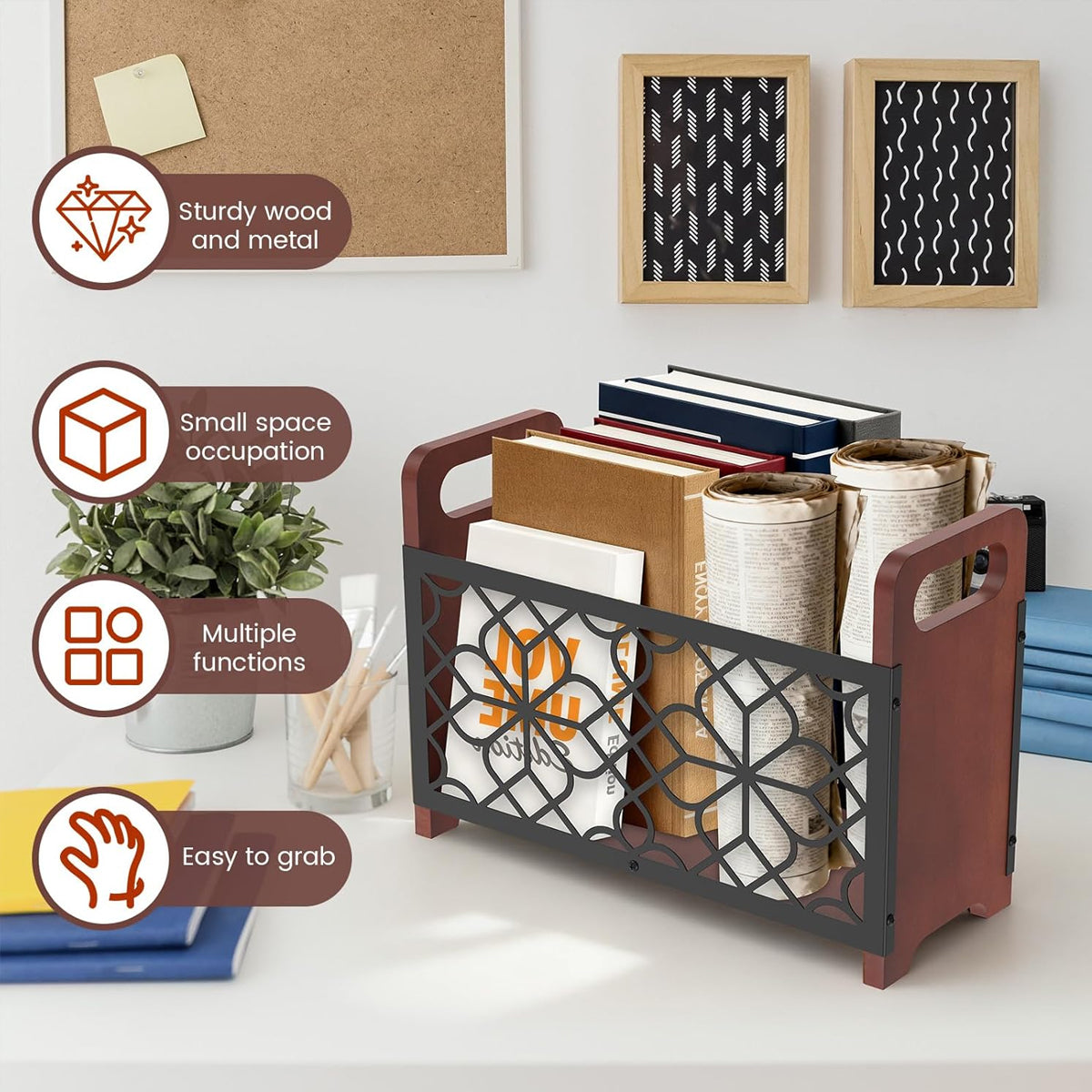 Wooden Magazine Rack with Metal Pattern Panel