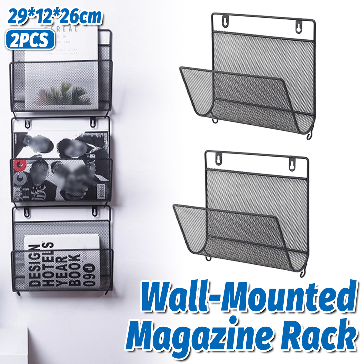 2 Pcs Wall Mount Magazine Rack Iron Book Mail Holder