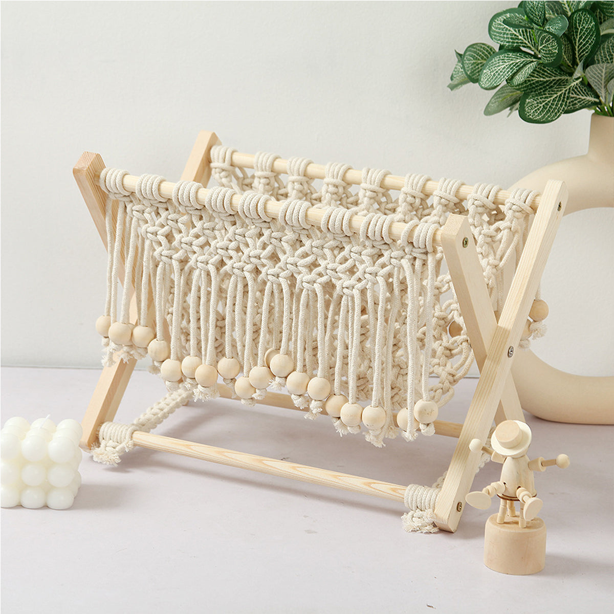 Foldable Cotton Rope and Wood Magazine Rack