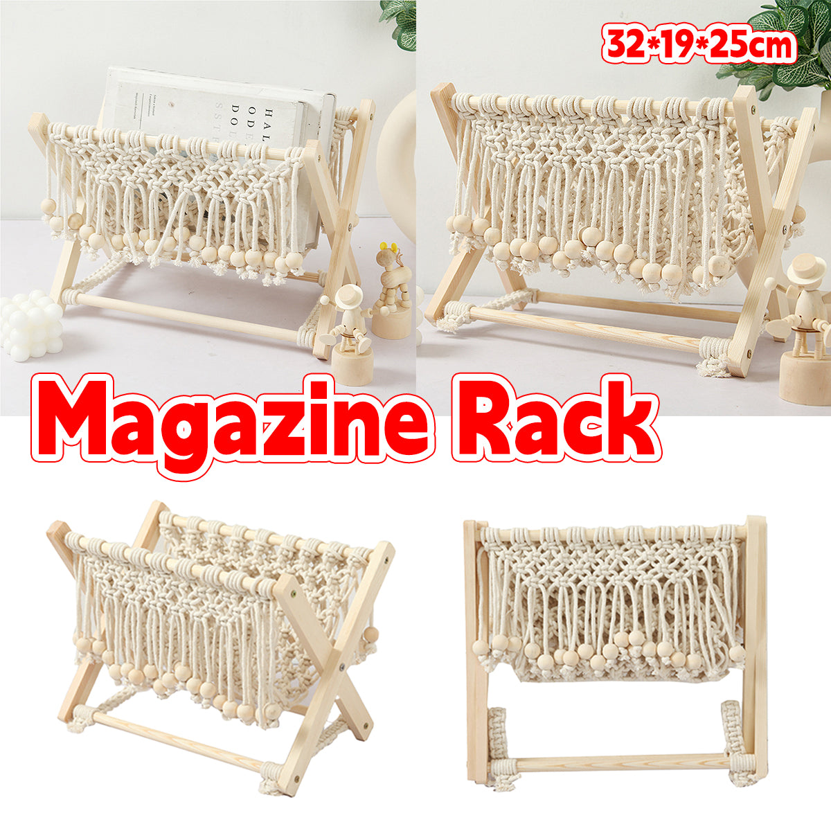 Foldable Cotton Rope and Wood Magazine Rack