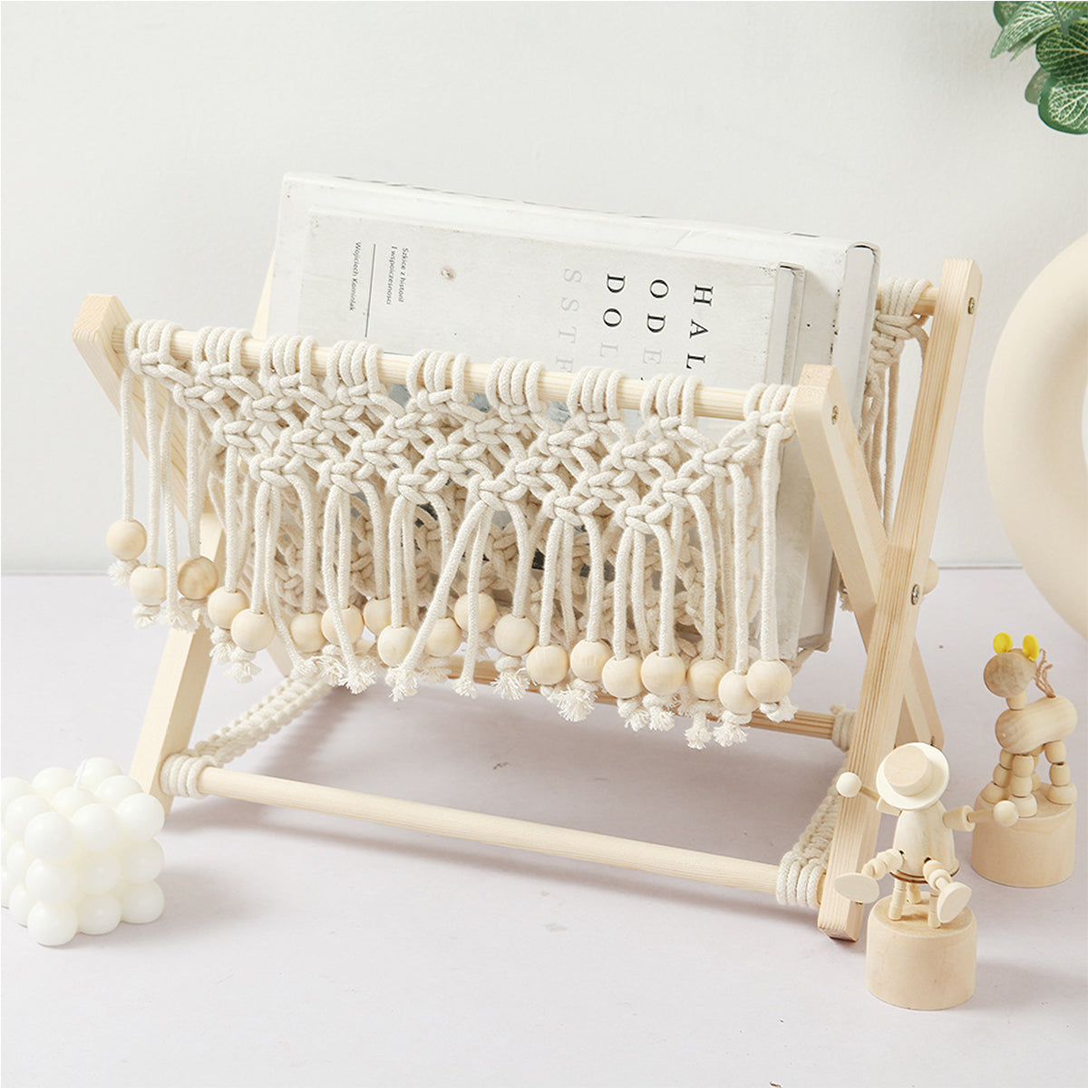 Foldable Cotton Rope and Wood Magazine Rack