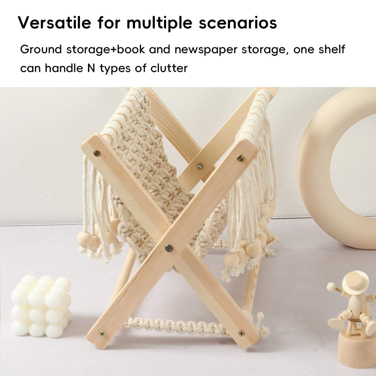 Foldable Cotton Rope and Wood Magazine Rack