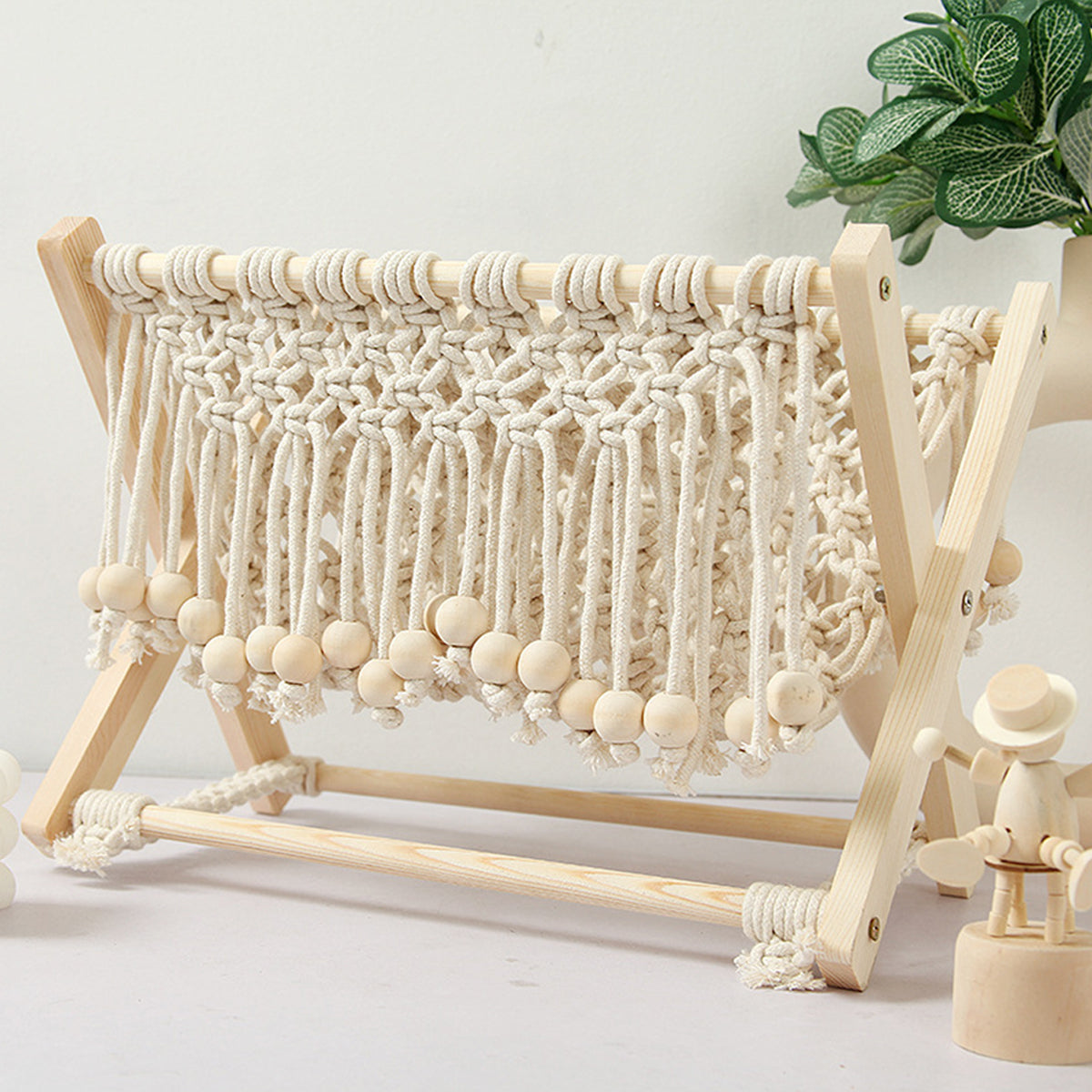 Foldable Cotton Rope and Wood Magazine Rack