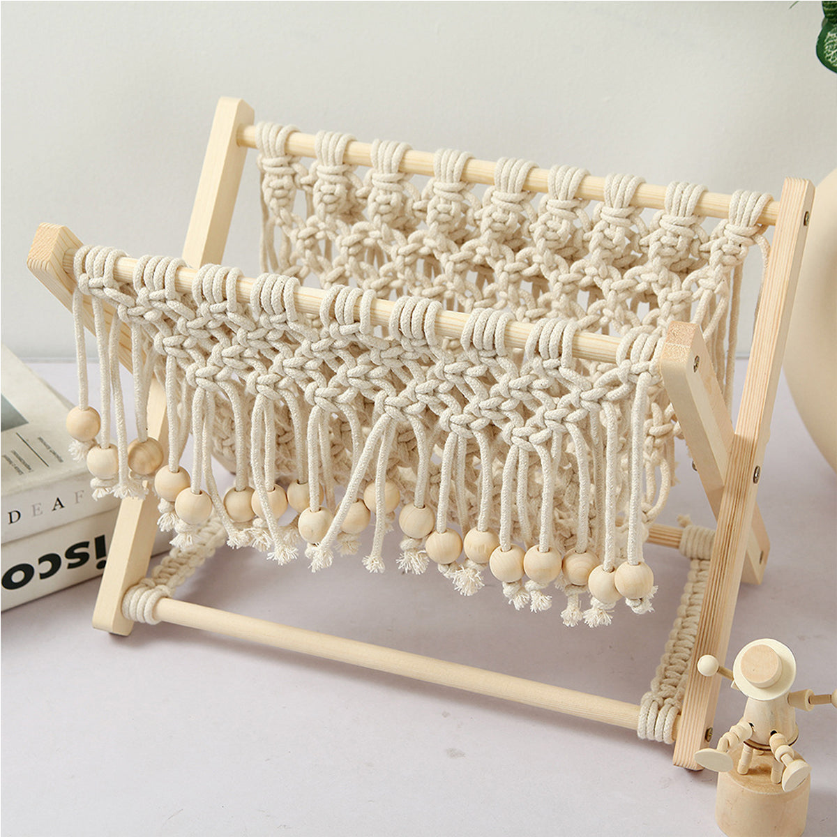 Foldable Cotton Rope and Wood Magazine Rack