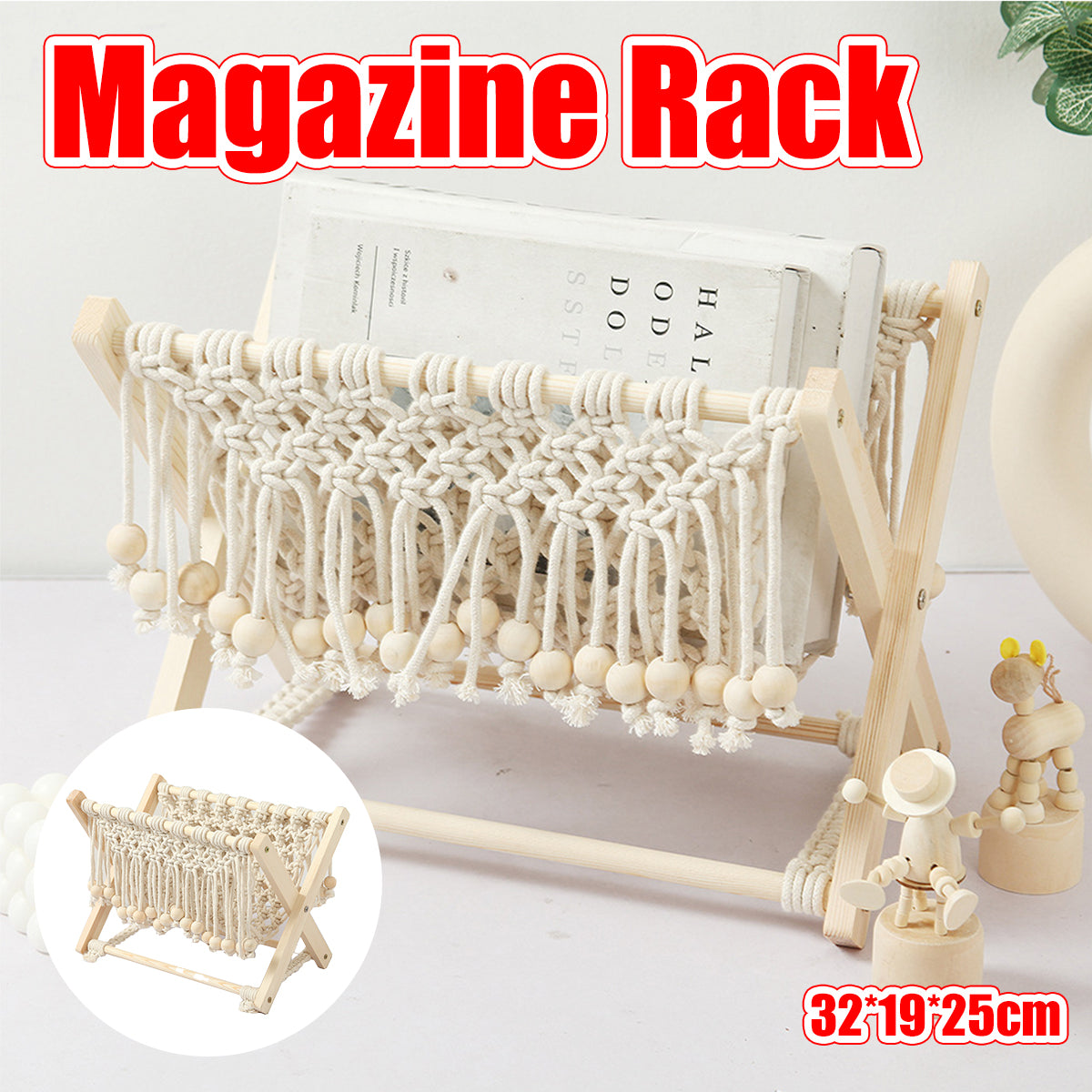 Foldable Cotton Rope and Wood Magazine Rack