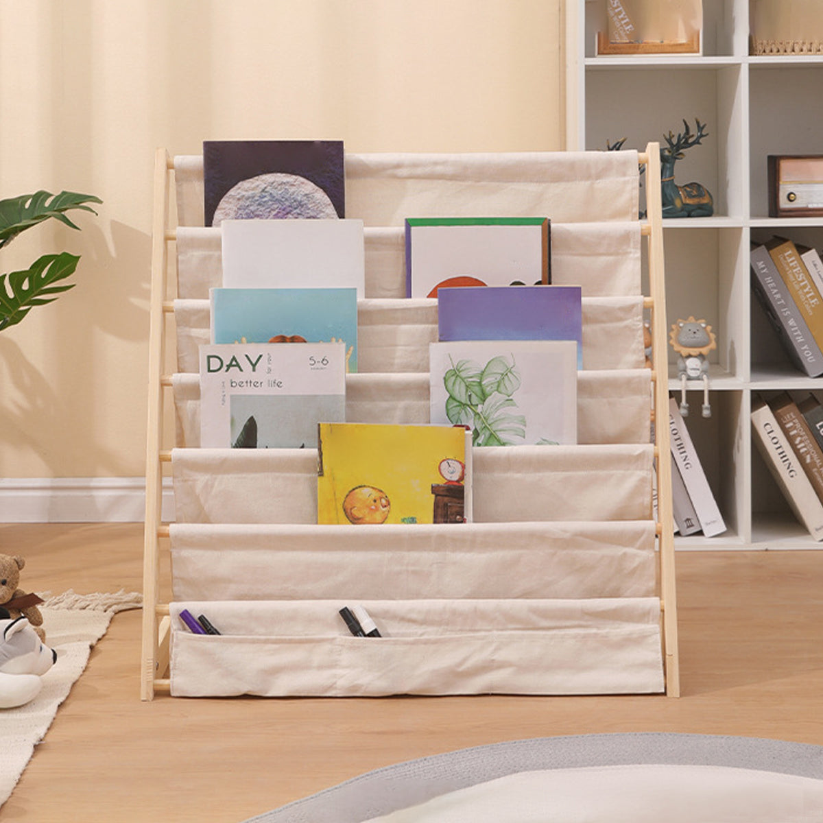 Desktop Book Display Stand Canvas Pockets Solid Wood