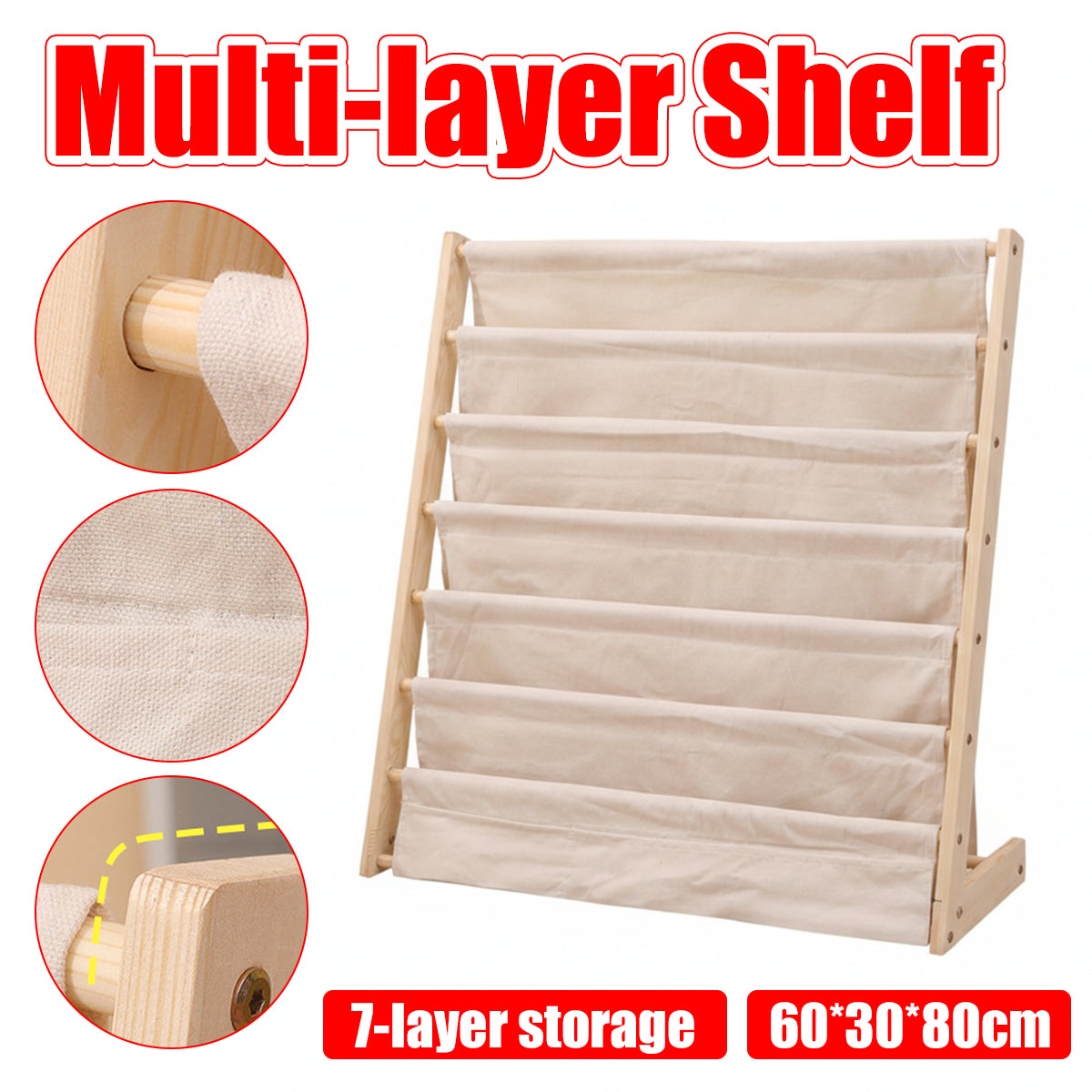 Desktop Book Display Stand Canvas Pockets Solid Wood