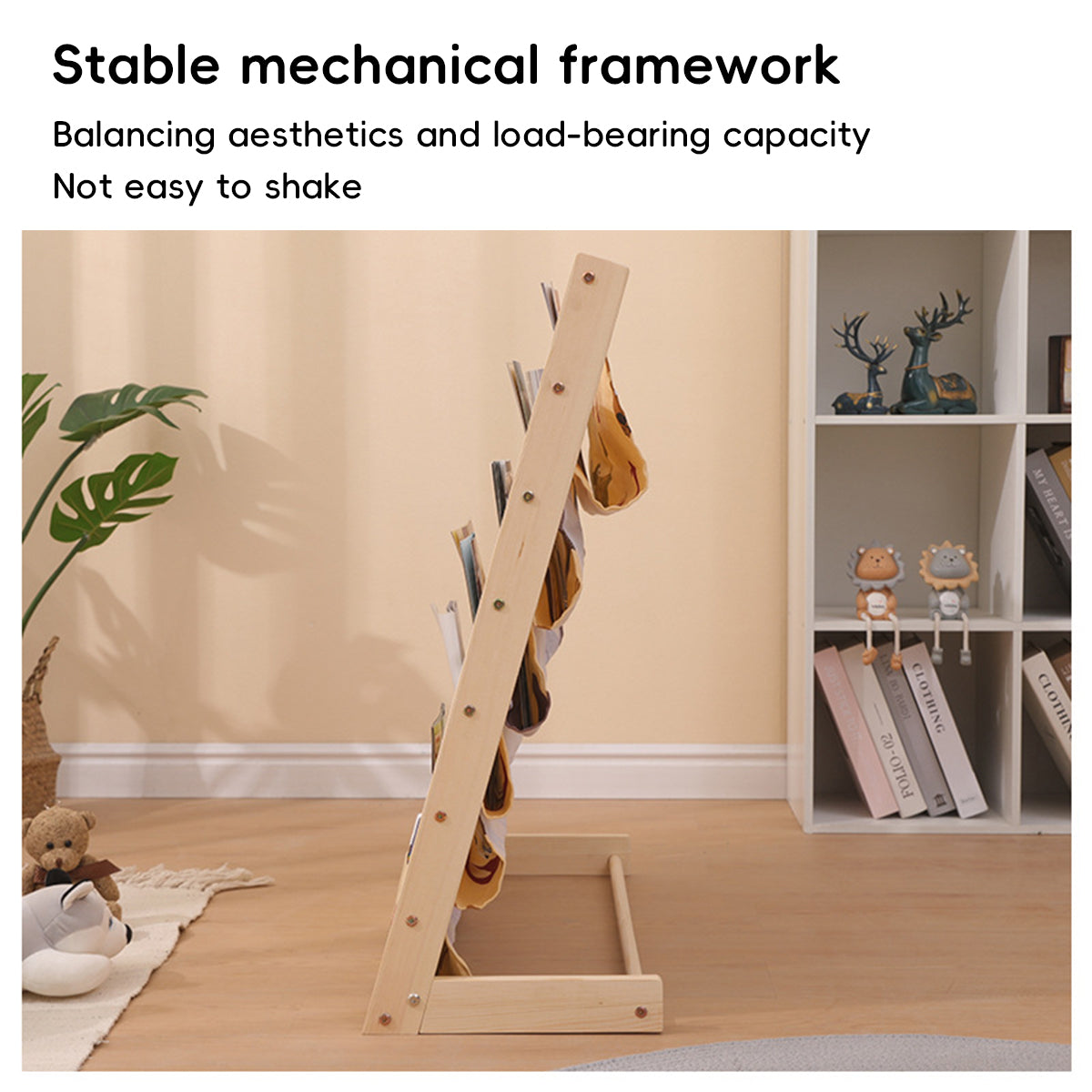 Desktop Book Display Stand Canvas Pockets Solid Wood